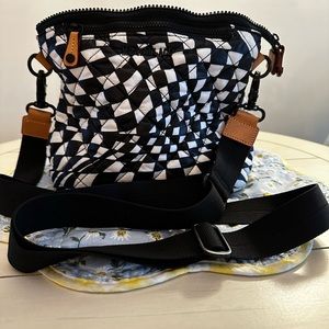 MZ Wallace quilted black & white checkered crossbody purse with hot pink lining